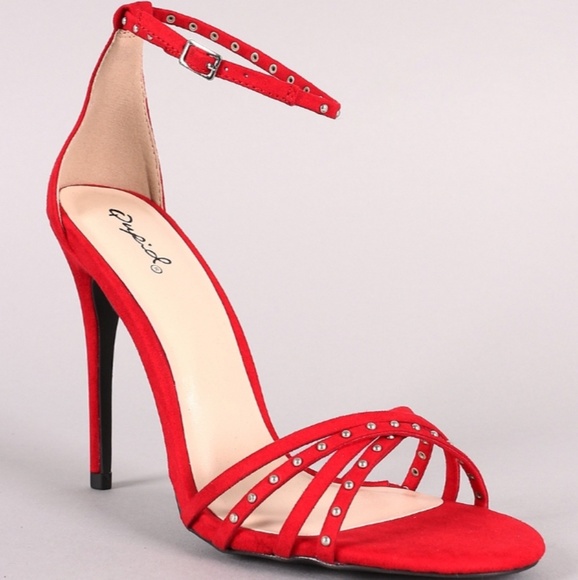 Qupid Shoes - Bright Red Studded Strappy Open Toe Heel Qupid Shoes - Bright Red Studded Strappy Open Toe Heel